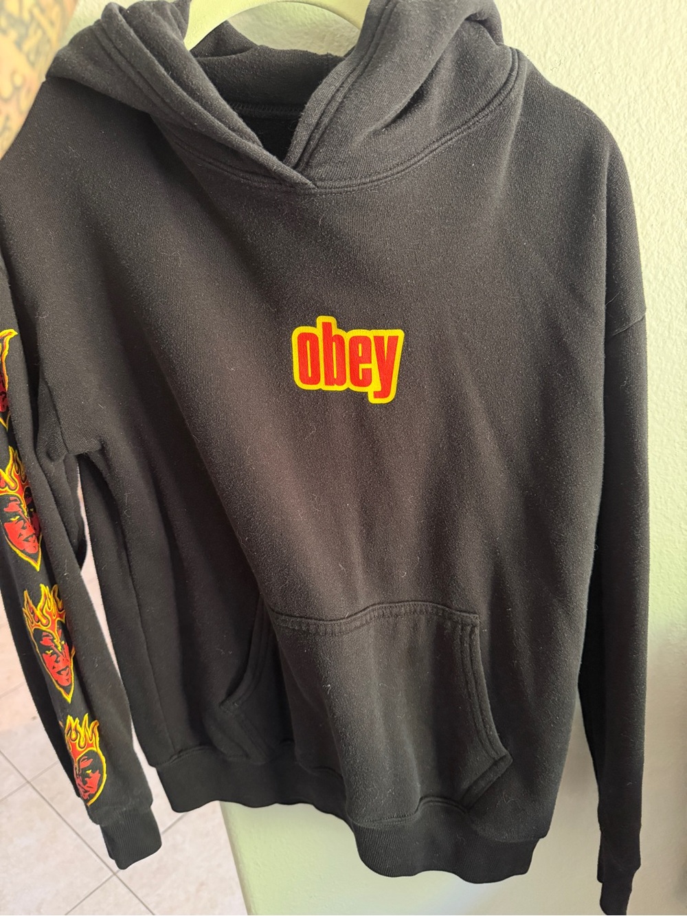 Obey Black Hoodie with Red and Yellow Chest Logo